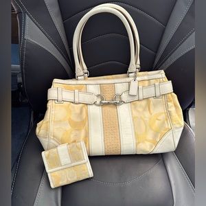 COACH yellow optic print Hamptons signature satchel canvas with matching wallet